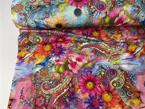 Viscosejersey - skønt paisley mønster med blomster og multi color